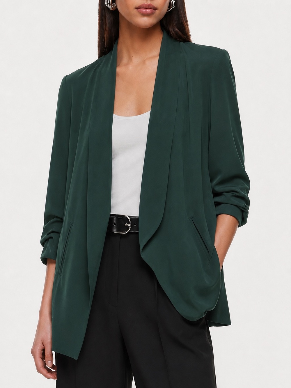 Babaton Aritzia Forest Green Longline Open Front Blazer Ruched Sleeve Size 2